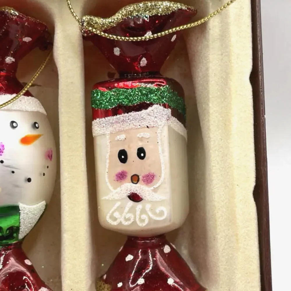 Papyrus Santa Snowman Candies Glass Christmas Ornaments‎ Set Of 4 in Box